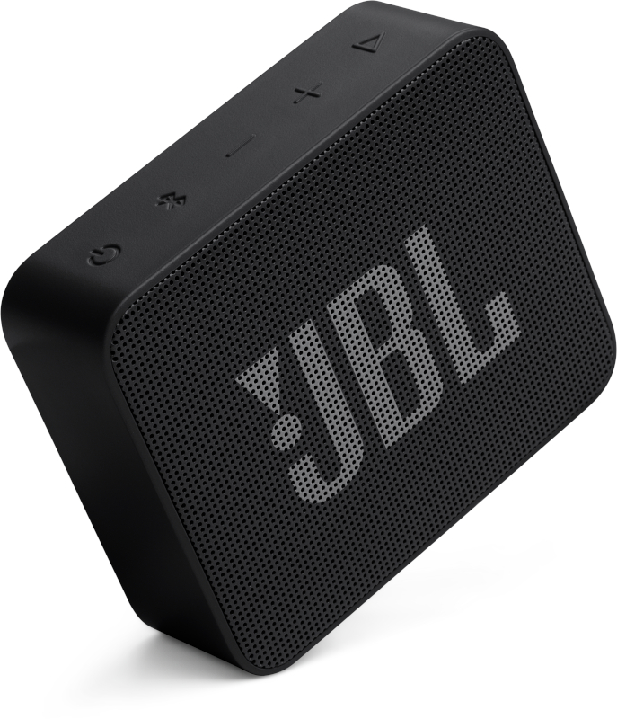 Schwarzer JBL-Lautsprecher, quadratische Form, mit Knöpfen oben und JBL-Logo vorne.