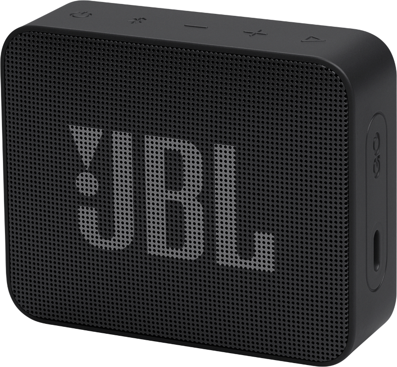 Schwarzer JBL-Lautsprecher. Quadratische Form mit Bedienelementen oben und JBL-Logo vorne.