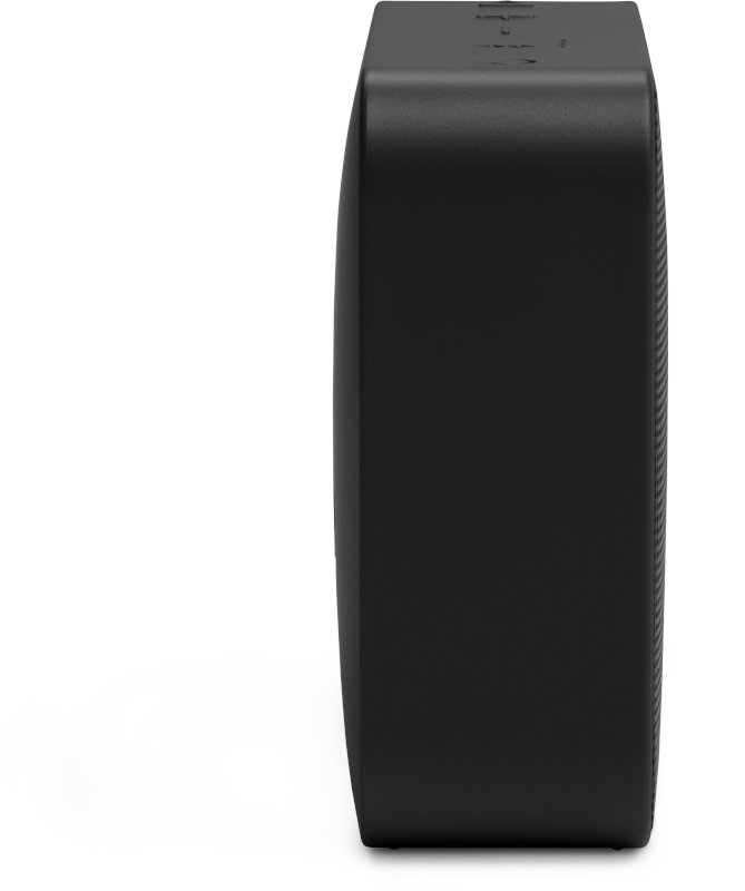 Seitenansicht eines schwarzen Lautsprechers. Rechteckige Form, glatte Oberfläche, minimalistisch.