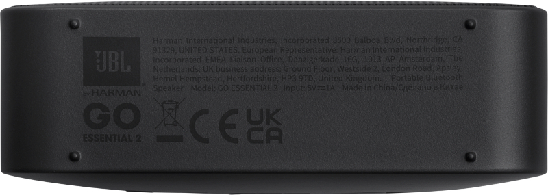 Unterseite eines schwarzen JBL-Lautsprechers mit Modell- und Logodetails.