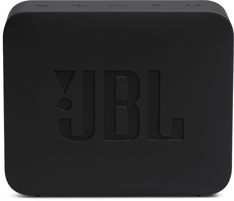 Schwarzer quadratischer JBL-Lautsprecher, geprägtes Logo.