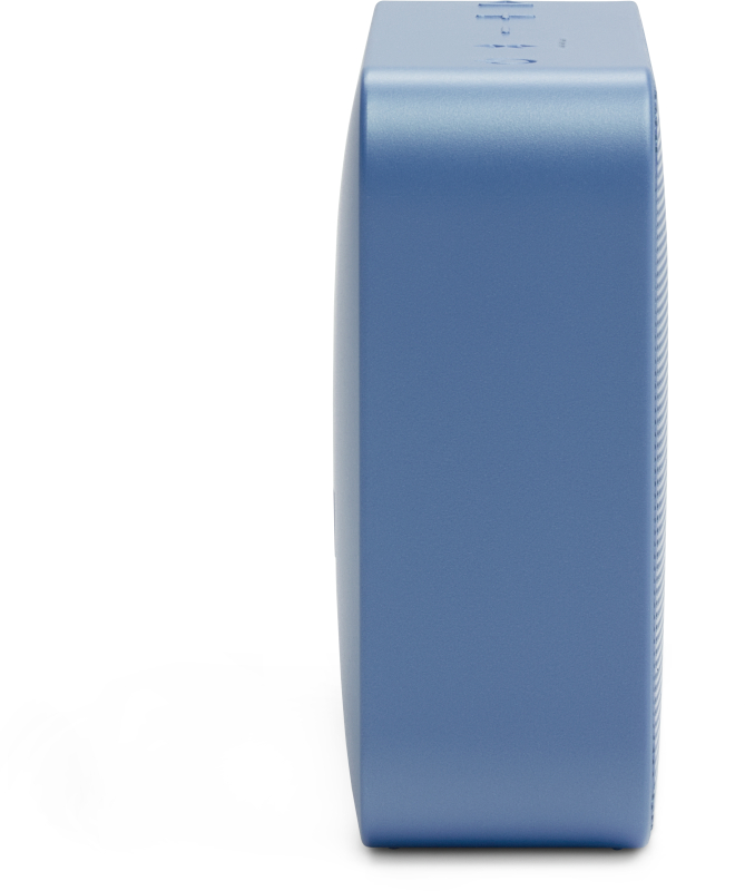 Seitenansicht eines blauen Lautsprechers mit Knöpfen oben.