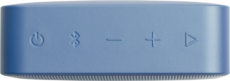 Draufsicht auf einen blauen Lautsprecher, zeigt Steuertasten. Strom, Bluetooth, Lautstärke, Wiedergabe.