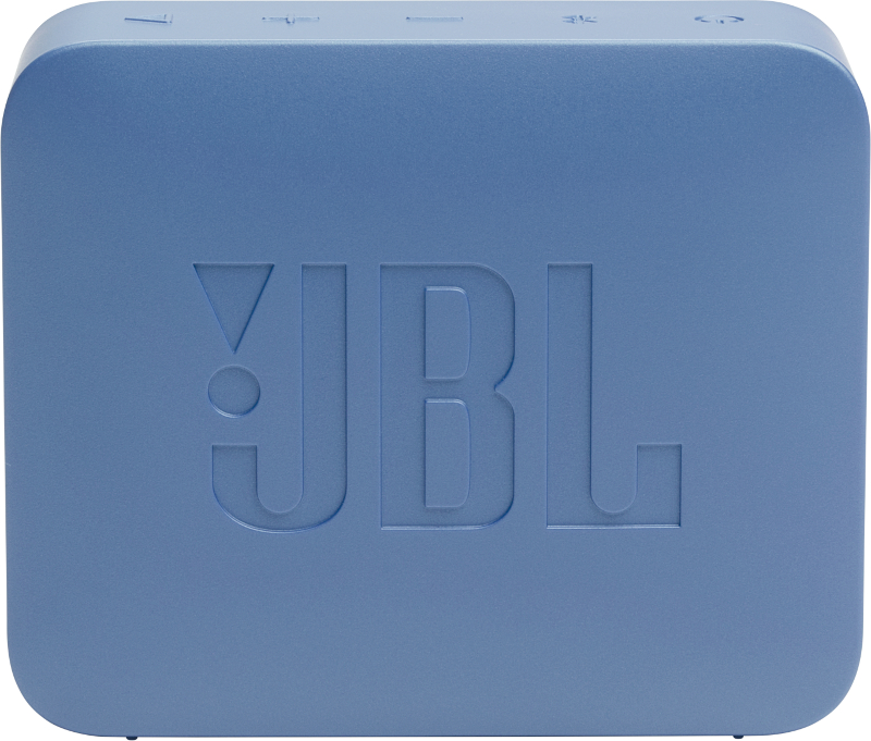 Ein hellblauer, quadratischer JBL-Lautsprecher. Das JBL-Logo ist auf der Vorderseite geprägt.