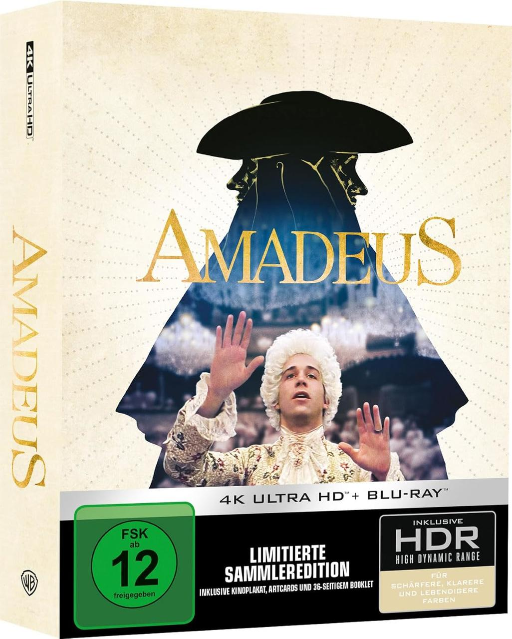 Amadeus Blu-ray-Box. Ein Mann mit weißer Perücke auf dem Cover, mit Filmtitel.