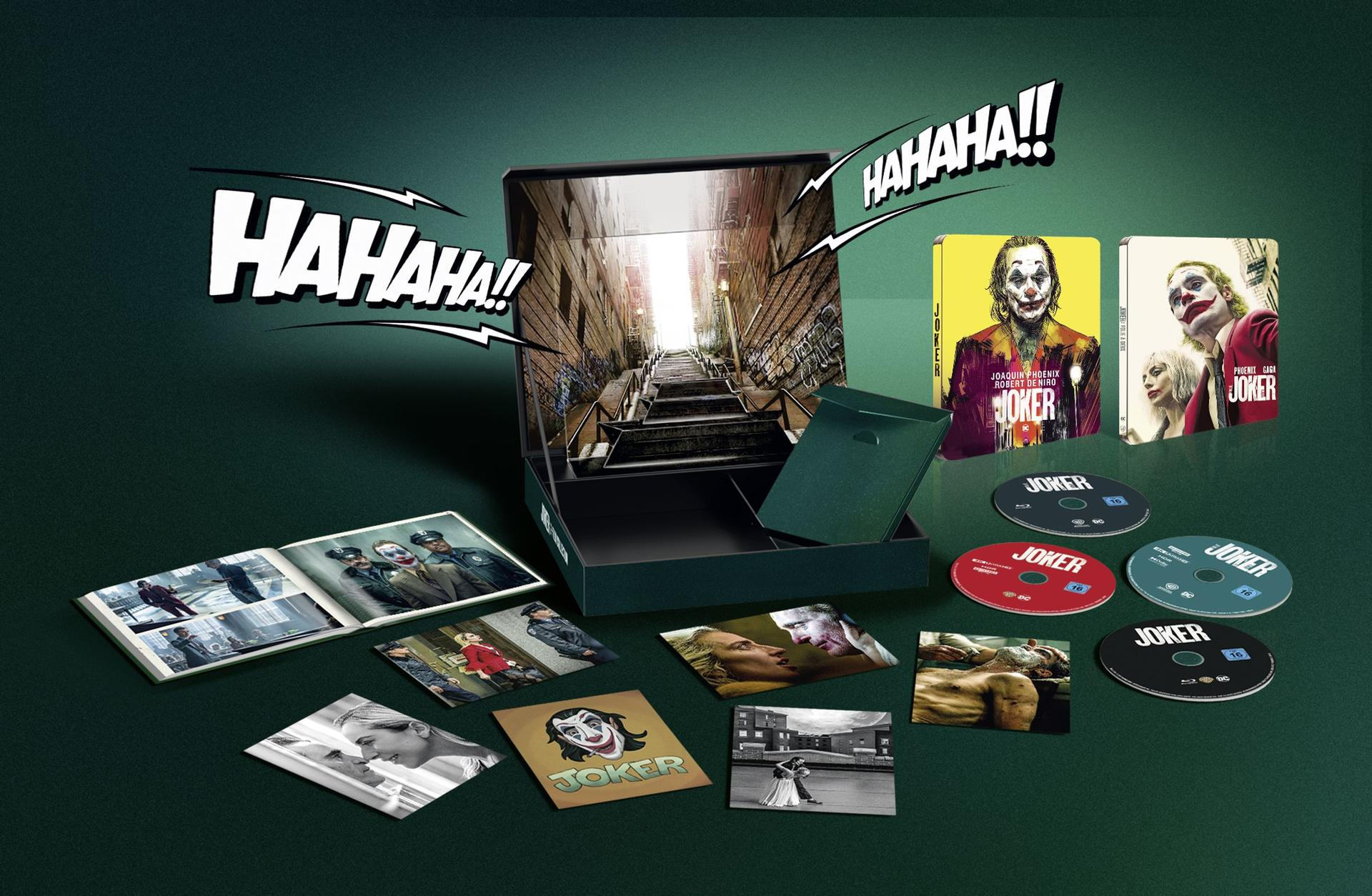 Joker-Film-Box-Set mit verschiedenen Artikeln. Enthält Film-Discs, Fotos und ein Poster mit Joker-Bild.