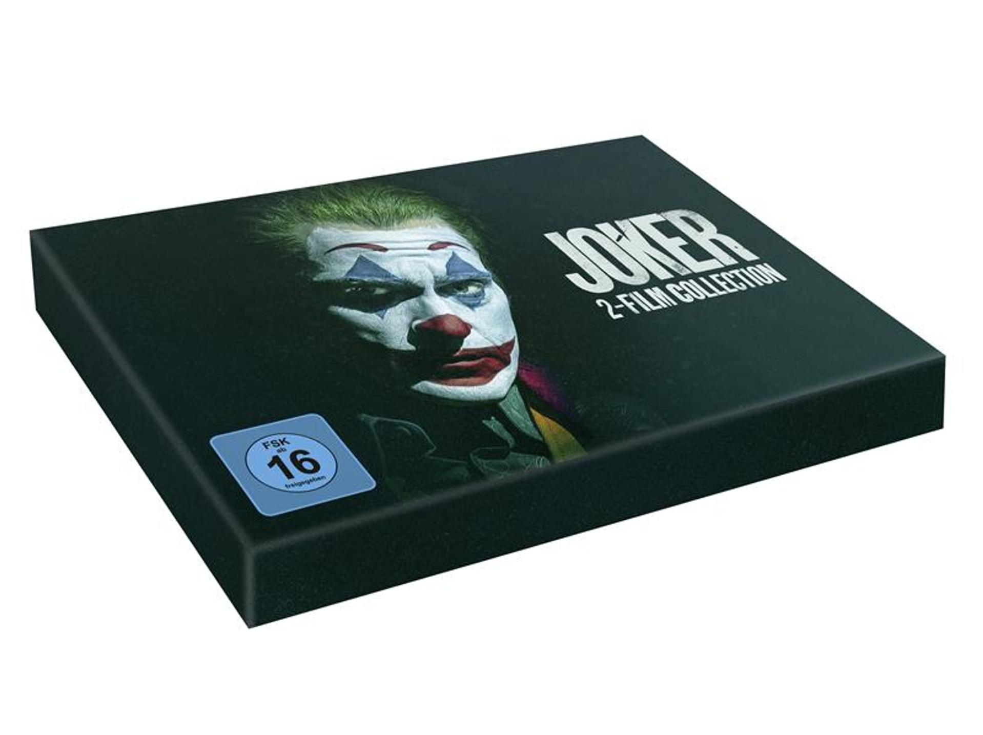 Joker 2-Filme-Sammlungsbox. Das Gesicht des Jokers mit rotem und weißem Make-up auf dem Cover.