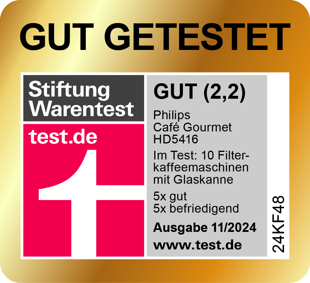 Goldgerahmtes Testergebnis mit "GUT GETESTET" Text und "test.de" Logo. Phillips Kaffeemaschinen Info.
