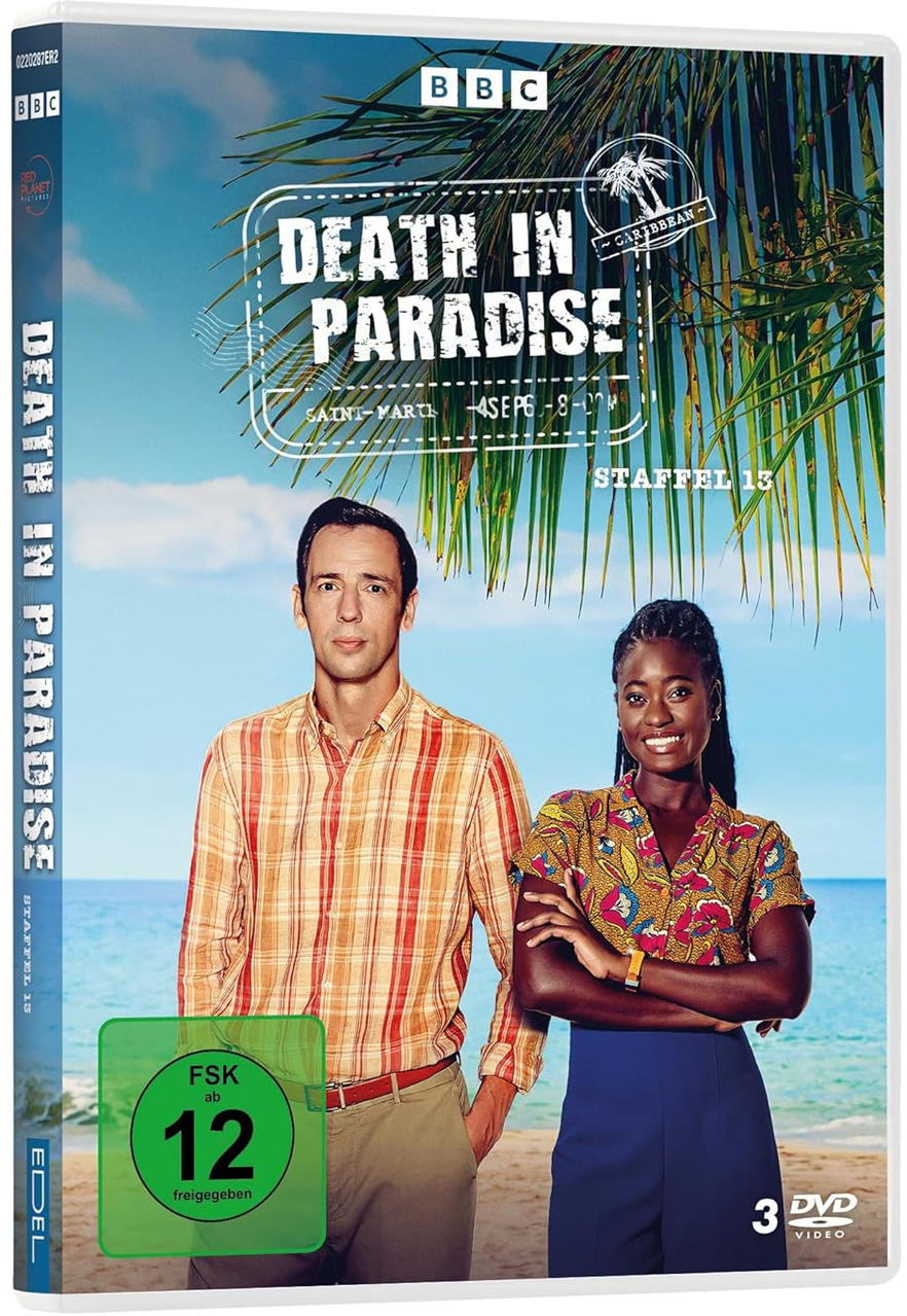 Death in Paradise Staffel 13 DVD-Cover, zwei Schauspieler, Strandhintergrund.