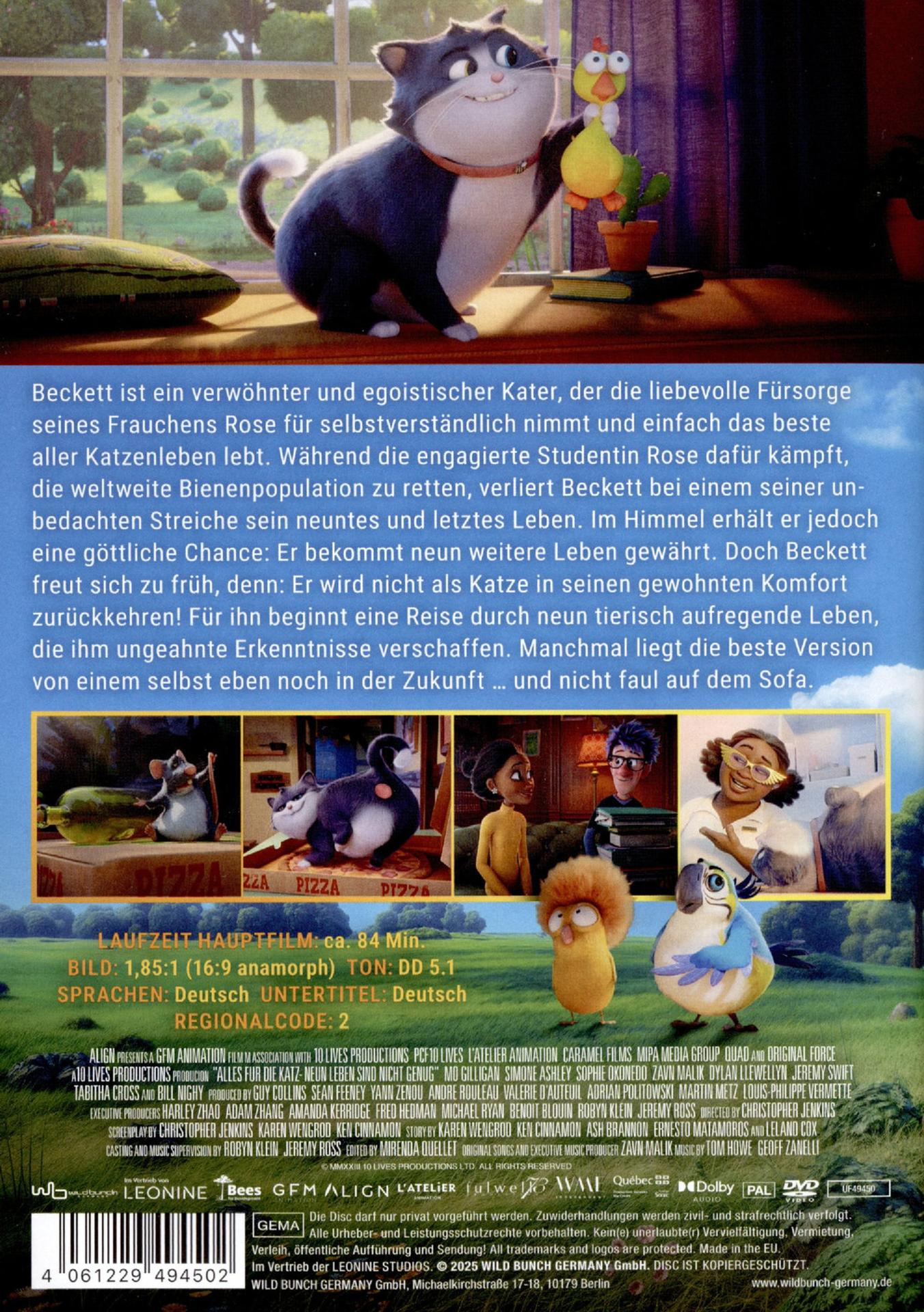Rückseite der animierten DVD-Hülle mit Katze und Vogel-Illustration.