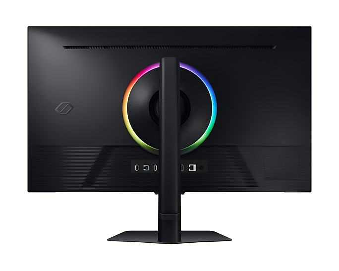Rückansicht eines schwarzen Monitors mit kreisförmigem Licht und Anschlüssen.