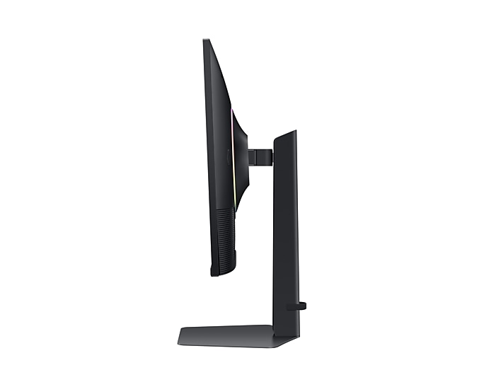 Seitenansicht eines schwarzen Monitors. Der Monitor steht auf einem Ständer.