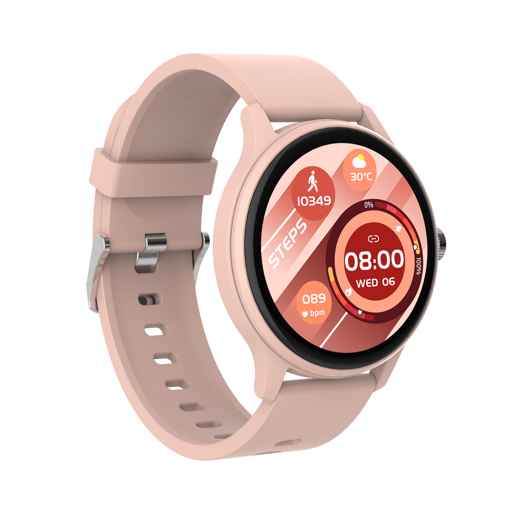 Eine Smartwatch mit pinkfarbenem Armband, die Zeit, Schritte und Herzfrequenz anzeigt.