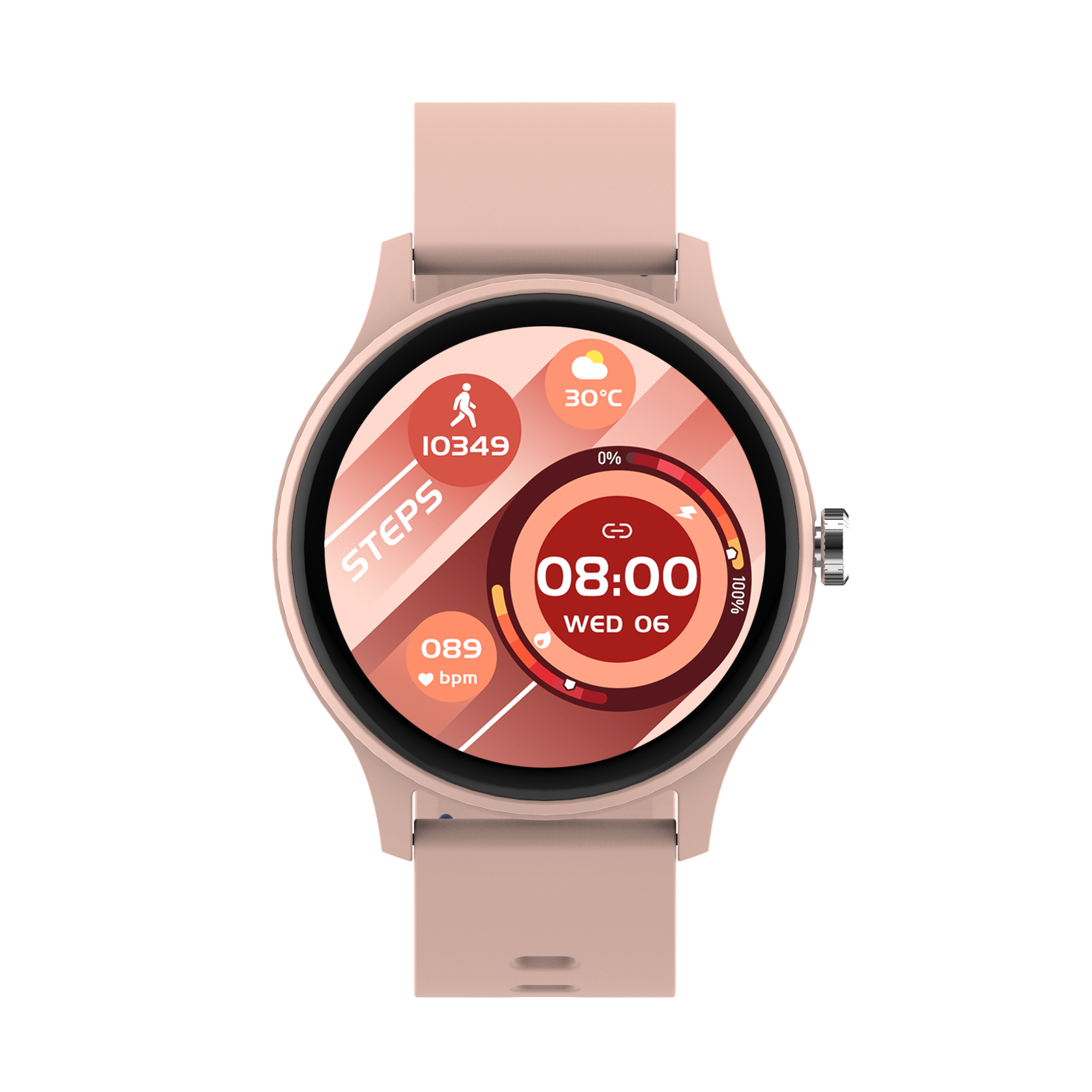Eine rosa Smartwatch mit Zeit- und Gesundheitsmetriken.