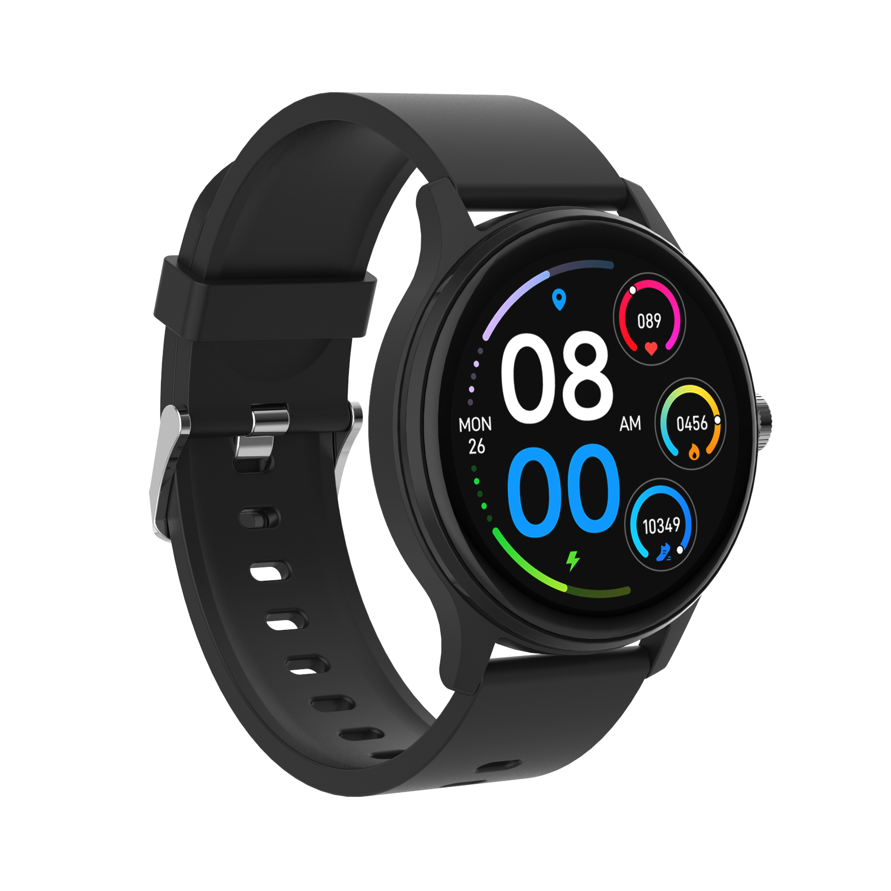 Schwarze Smartwatch mit rundem Display. Zeigt Zeit, Datum und Aktivitätsdaten. Schwarzer Hintergrund.