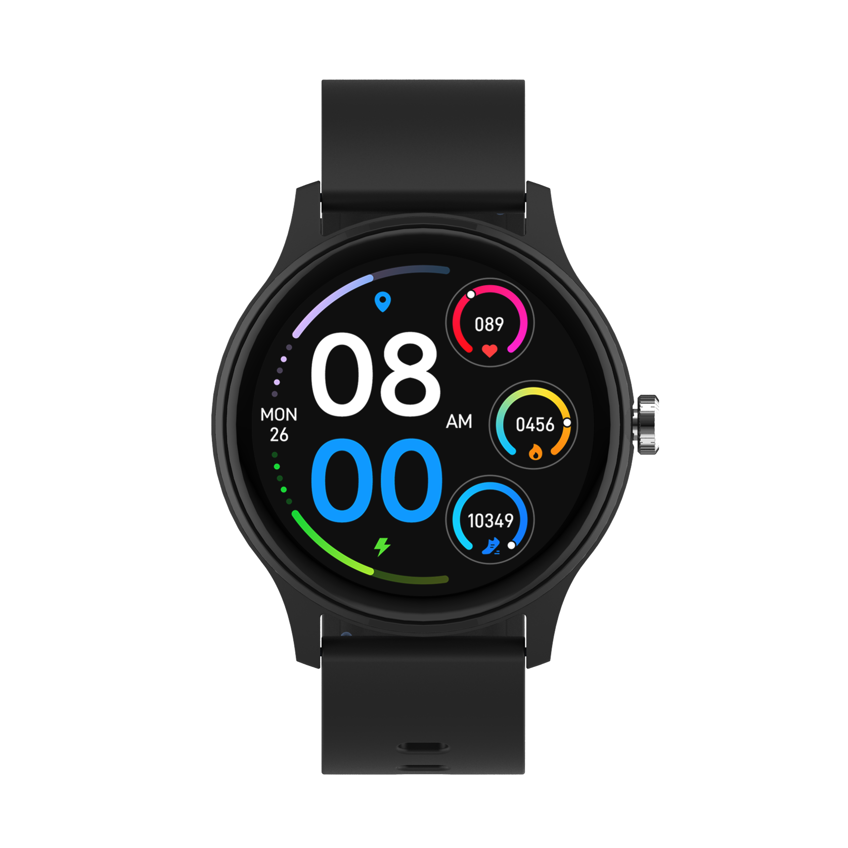 Schwarze Smartwatch, Vorderansicht. Rundes Display zeigt Zeit, Datum und Aktivitätsdaten. Schwarz.