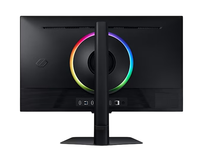 Rückseite eines schwarzen Monitors mit farbigem Ringlicht. Schwarzer Hintergrund.