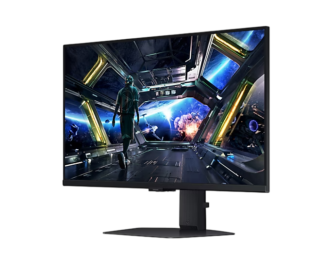 Monitor mit Weltraumszene, Person geht. Schwarzer Hintergrund und Ständer.