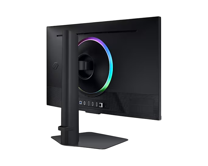 Rückseite eines schwarzen Monitors mit farbigem Ringlicht. Schwarzer Hintergrund.