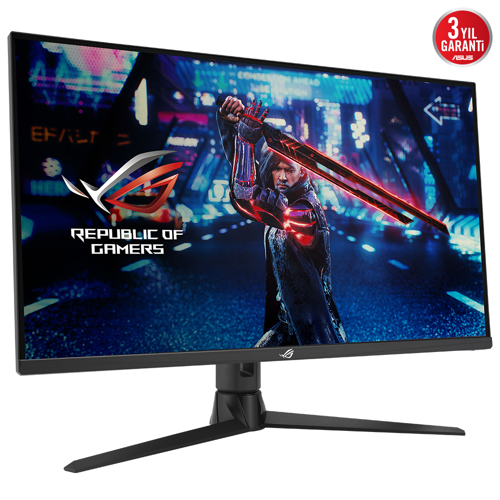 Oyun sahnesi olan siyah monitör. ROG logosu ve 3 yıl garanti içerir.