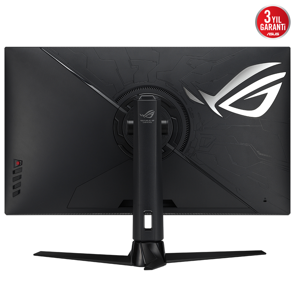 Siyah bir monitörün arka görünümü. ROG logosu ve stand detayları var.