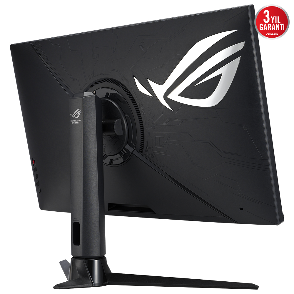ROG logosu ve siyah bir standı olan bir ASUS ROG monitörünün arka görünümü.