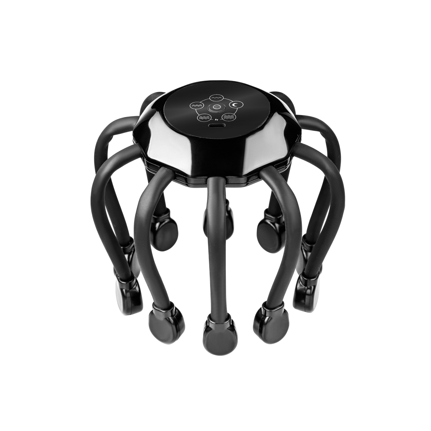 Black head massager on white. Features multiple massage nodes and control buttons.