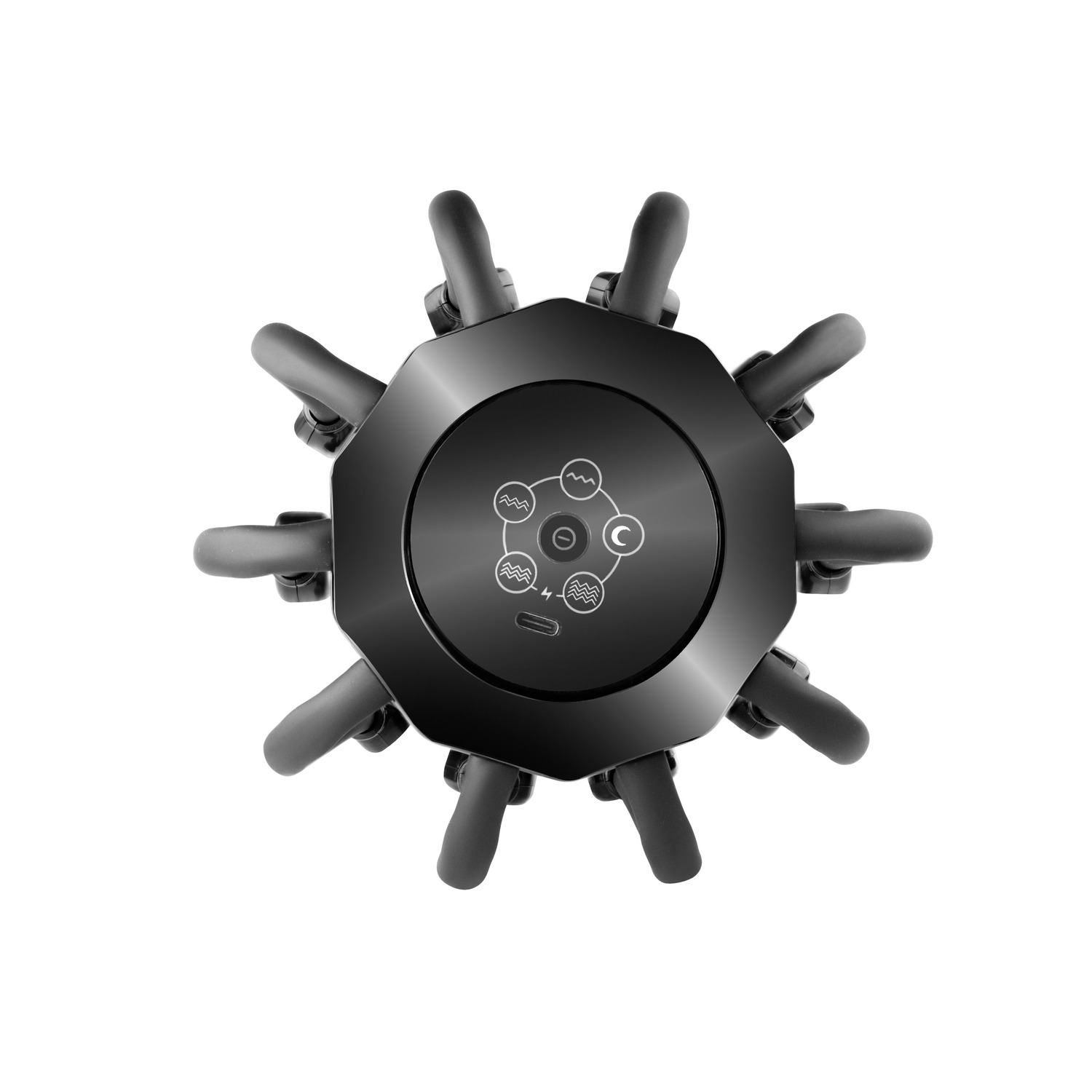 Top view of a black head massager. Shows massage nodes and control buttons.