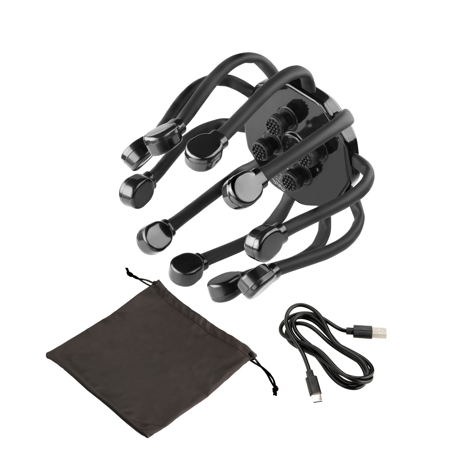 Head massager with accessories. Shows the massager, bag, and charging cable.
