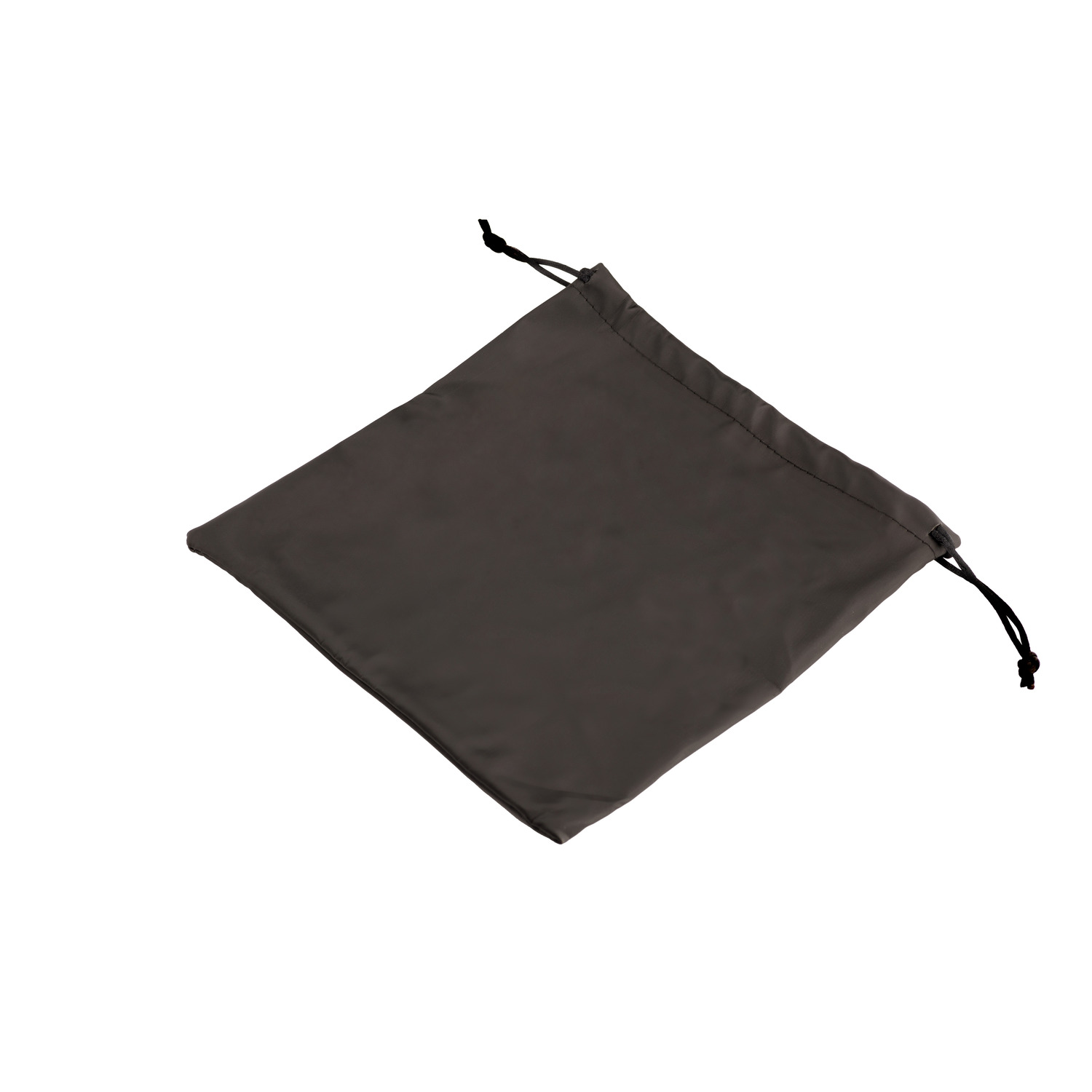 Gray drawstring bag on white. The bag is empty and shown in a square shape.