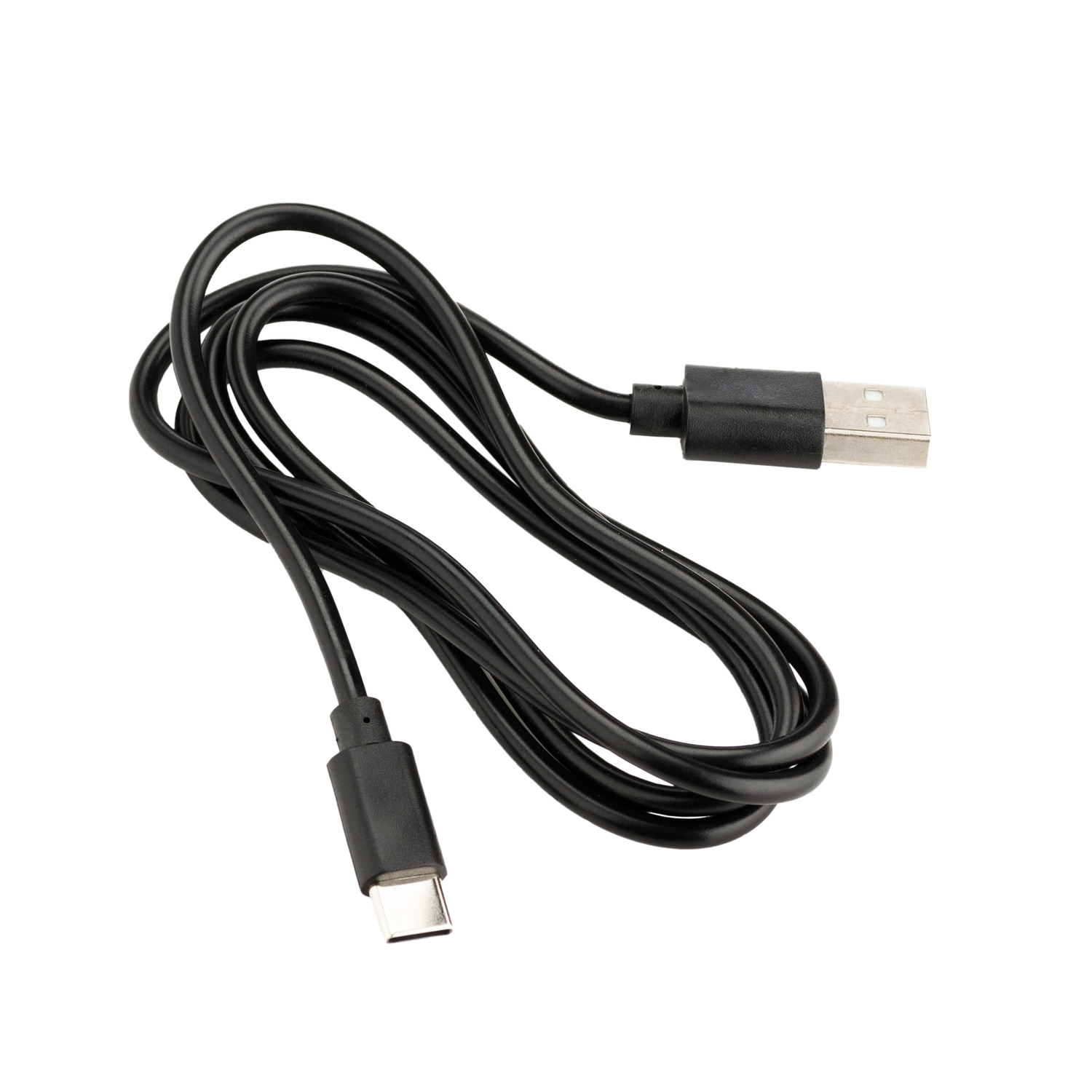 A black USB to USB-C cable on a white background.
