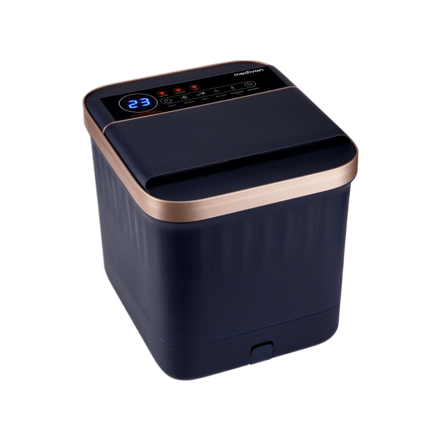 Blauw en goud wasmachine-achtig apparaat. Een display toont 23. Roségouden afwerking.
