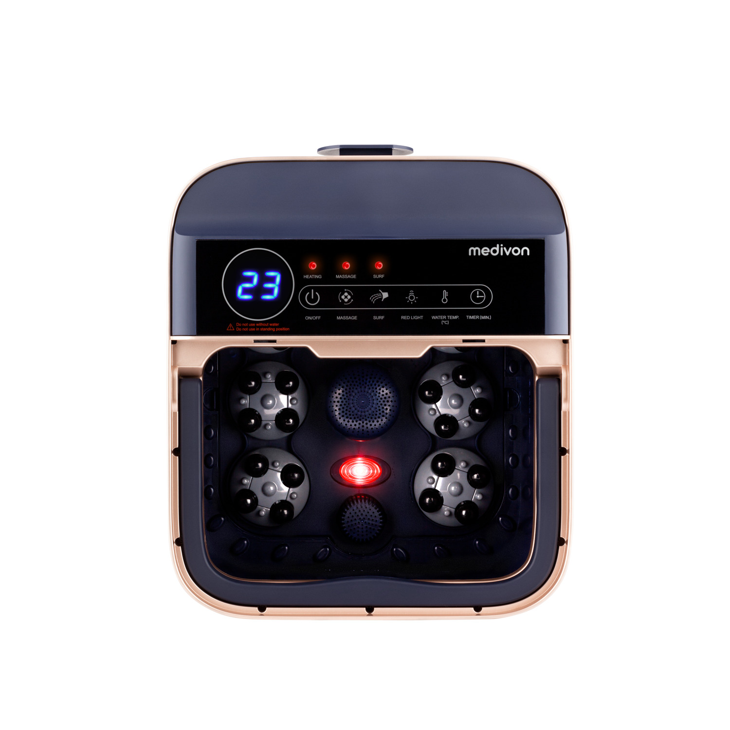 Voetmassageapparaat met digitaal display. Toont massagerollers en knoppen.