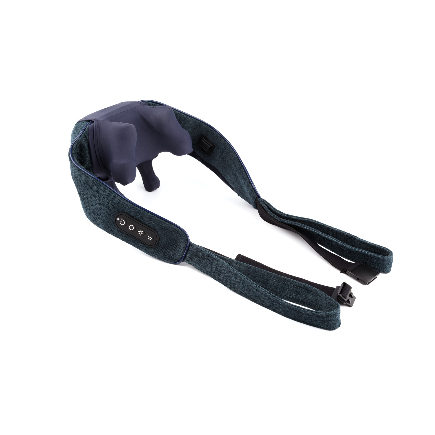 A dark blue neck massager lies on a white surface. It has buttons and straps. The background is white.