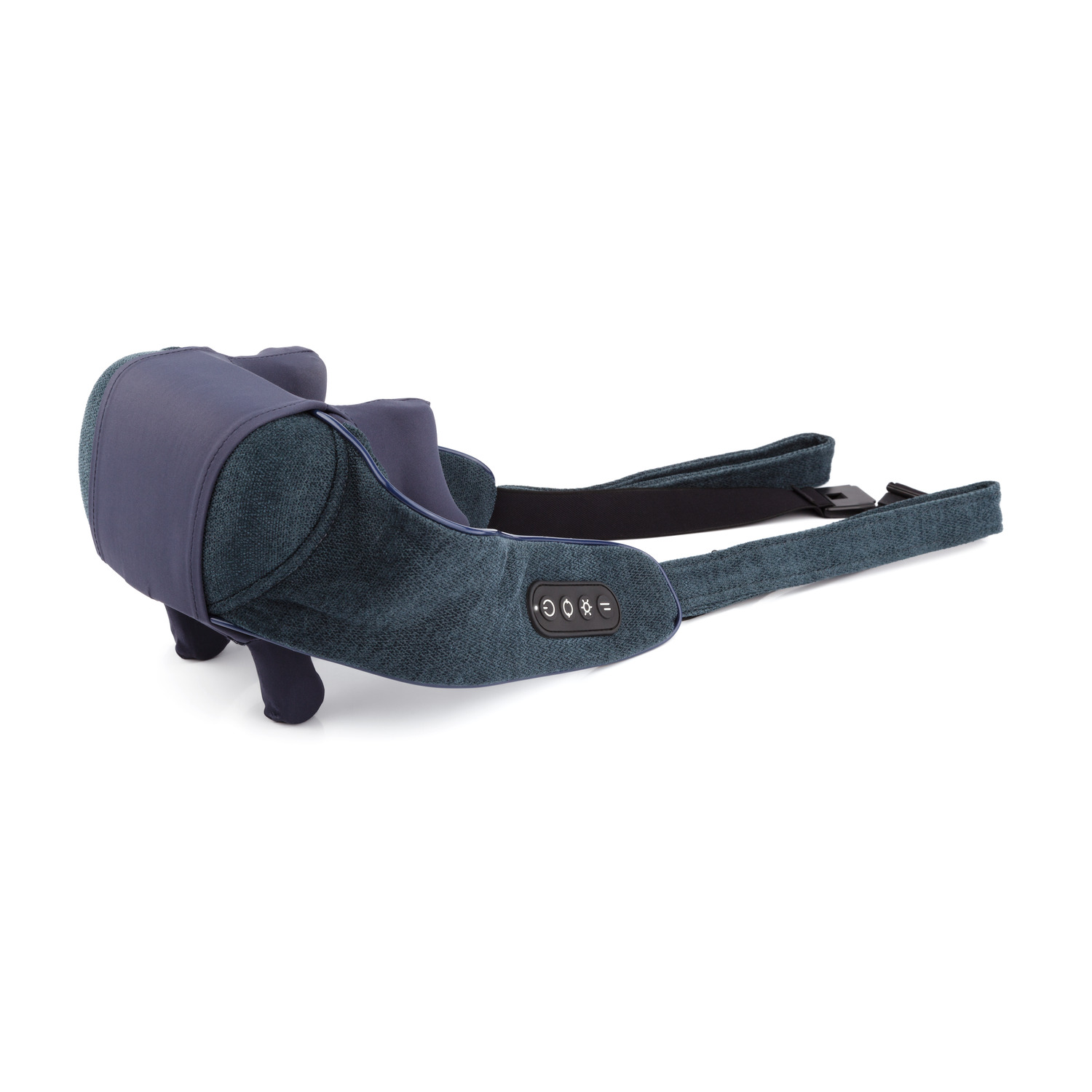 A dark blue neck massager on a white background. It has straps and buttons. The background is white.
