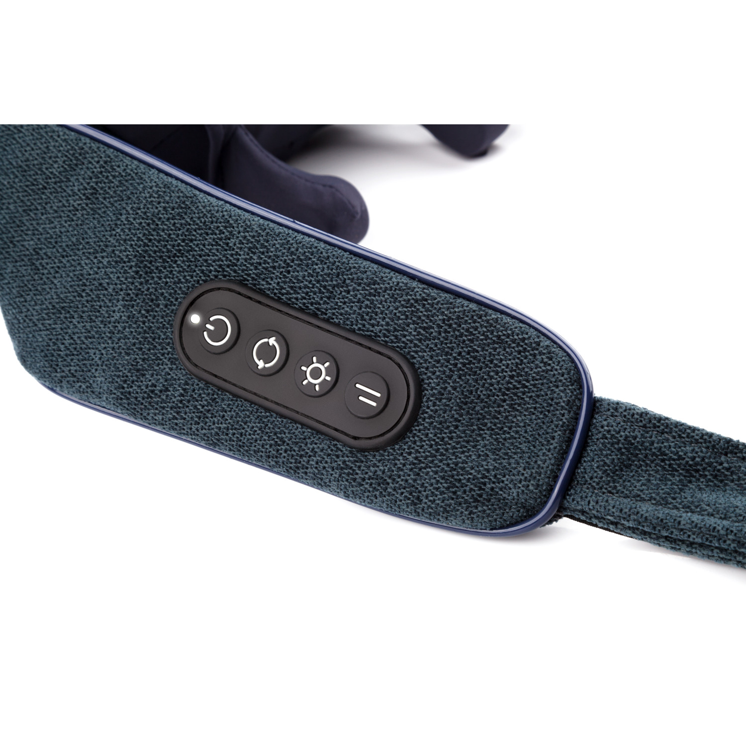 Close up of a neck massager's buttons. There are three buttons with symbols. The background is white.