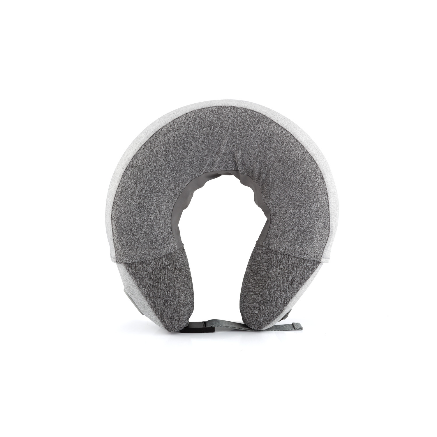 A gray, U-shaped travel pillow. It has a clasp. The background is white.