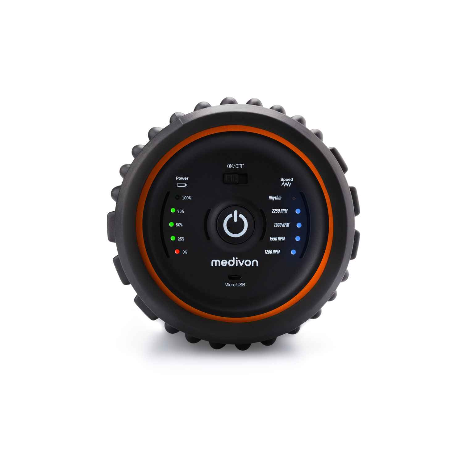 Black and orange massage device with power and speed settings, isolated.