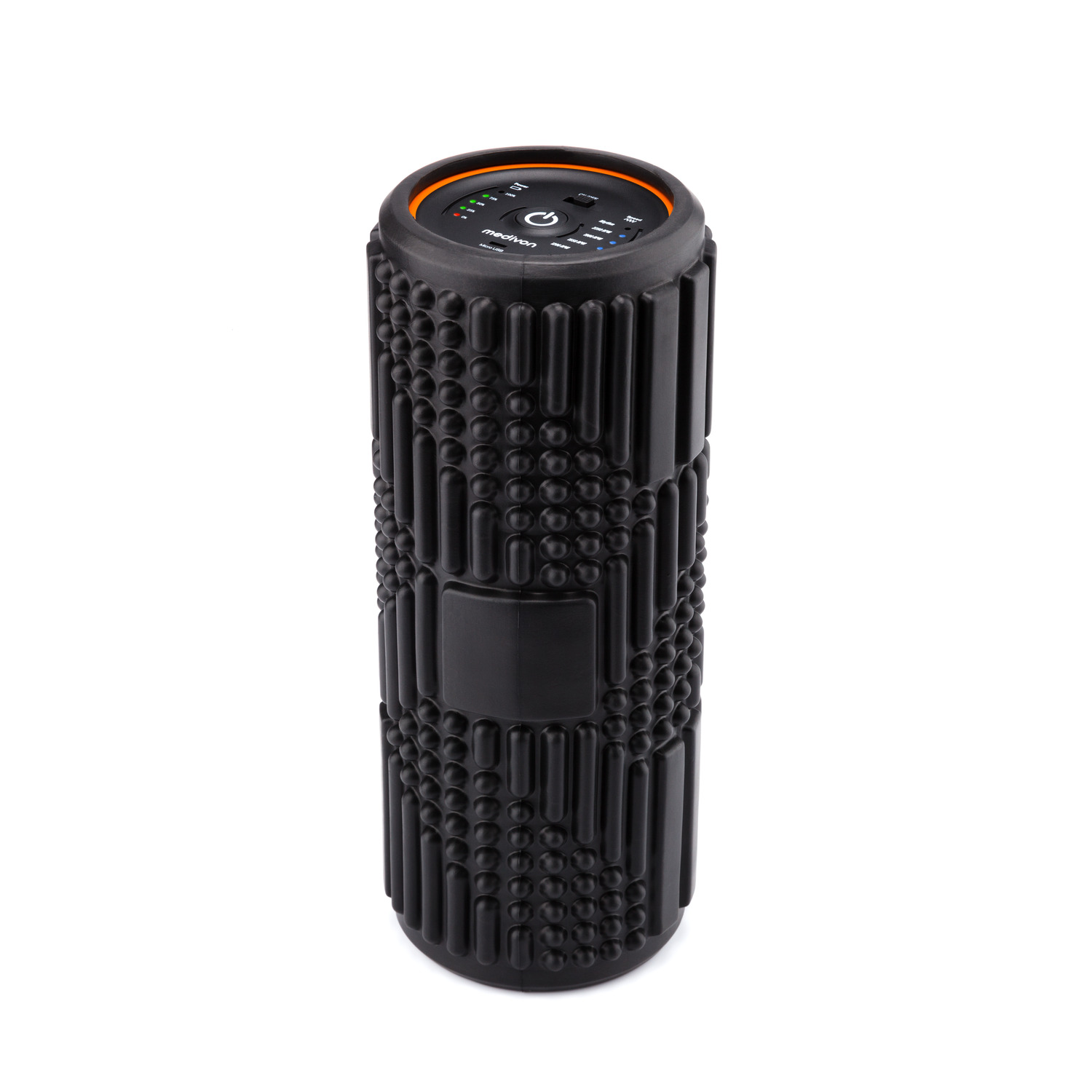 A black foam roller, with a textured surface, standing on a white background.