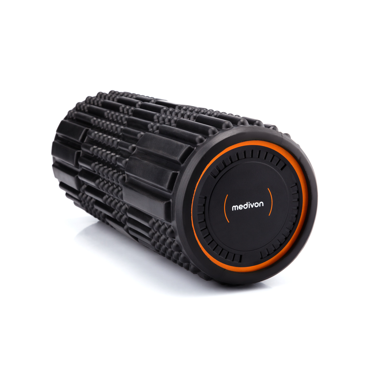 Black foam roller with textured surface and orange accents, on a white background.