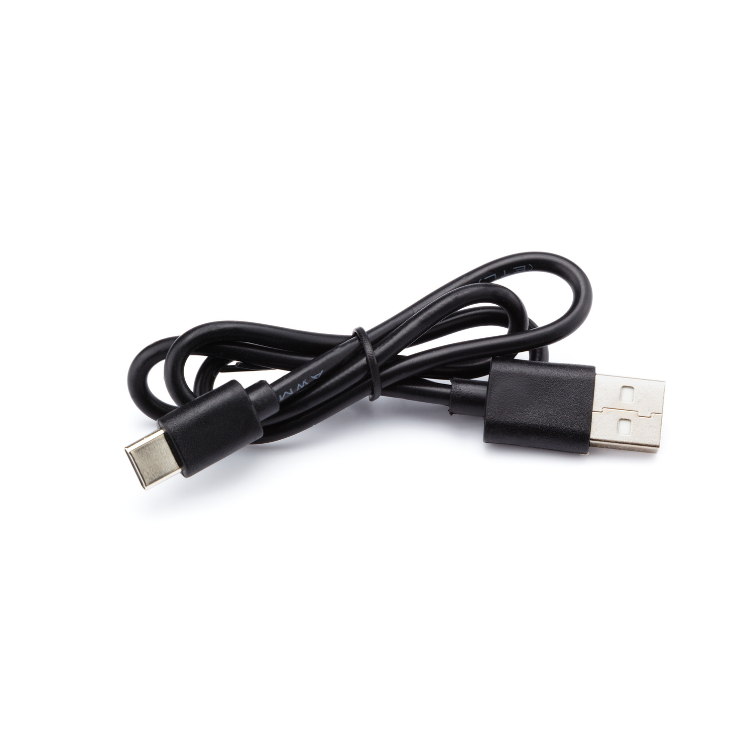 A black USB cable with a USB-C and a USB-A connector. The background is white.