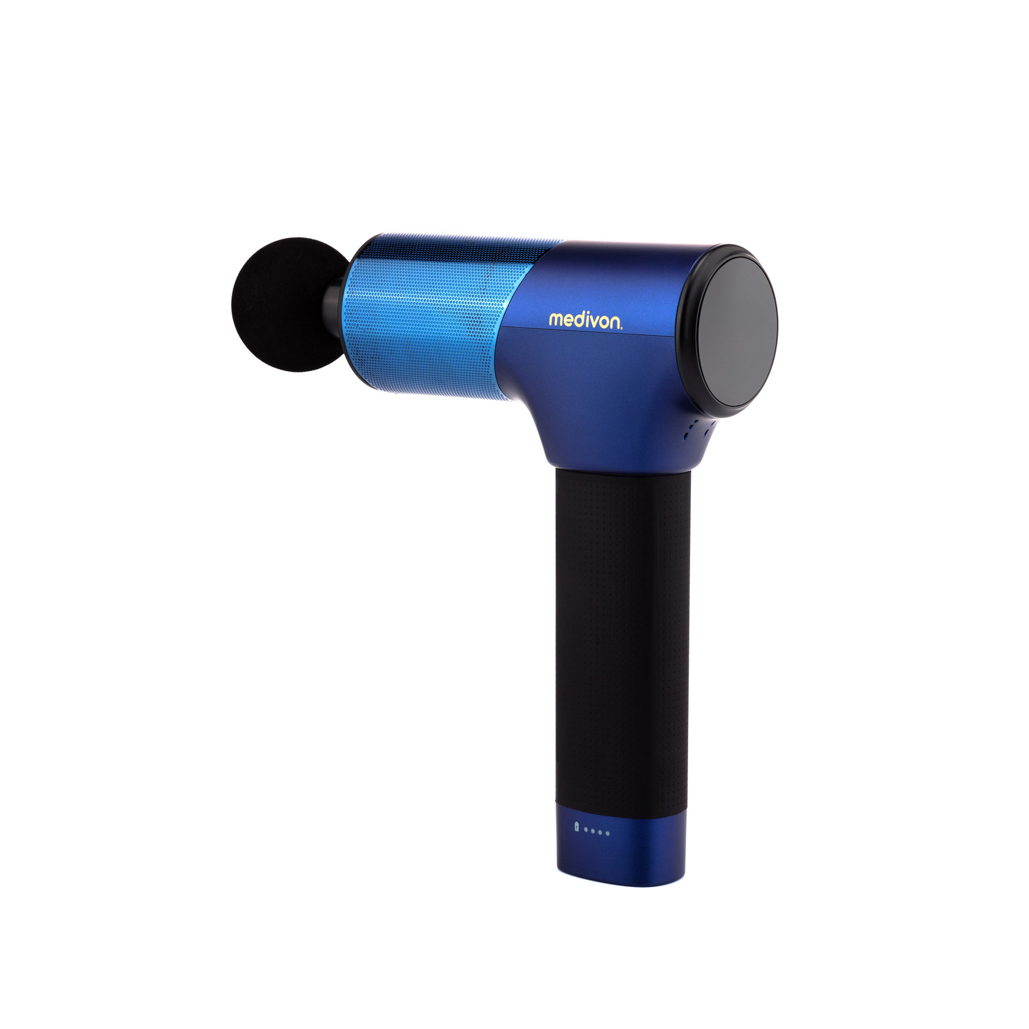 Blue and black massage gun. The brand 'medivon' is written.