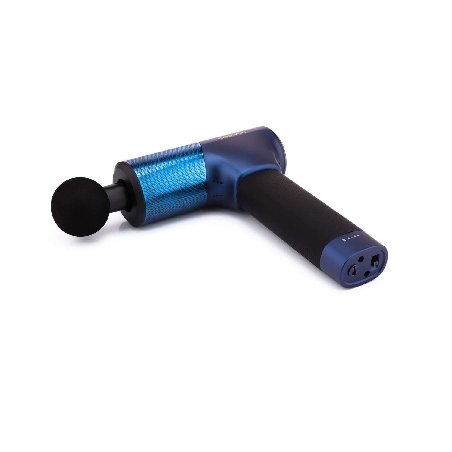 A blue and black massage gun, on a white background.