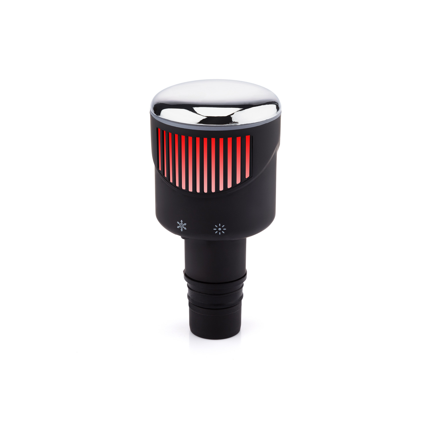 Black device with red lights and a silver top. It has light and snowflake icons.