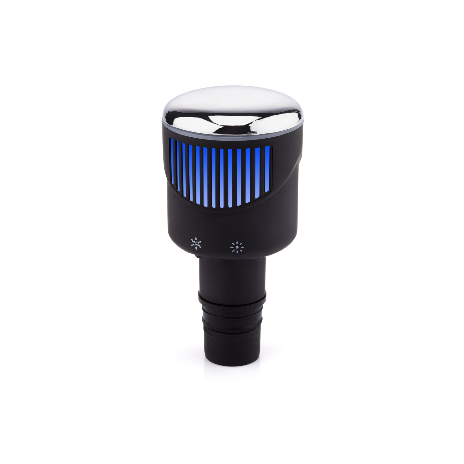 Black device with silver top. Blue lights are on. Isolated.
