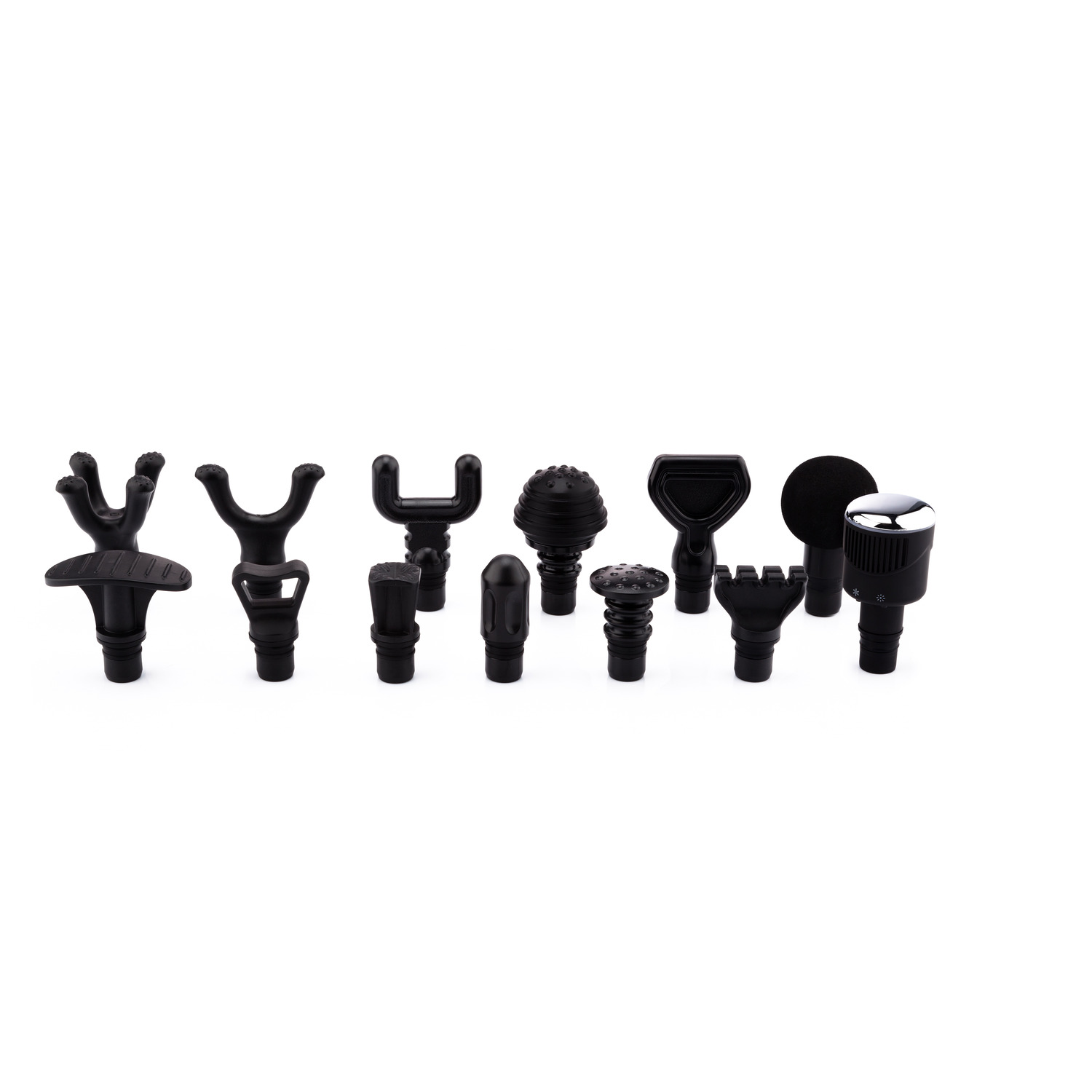 Variety of black massage gun attachments. All different shapes.