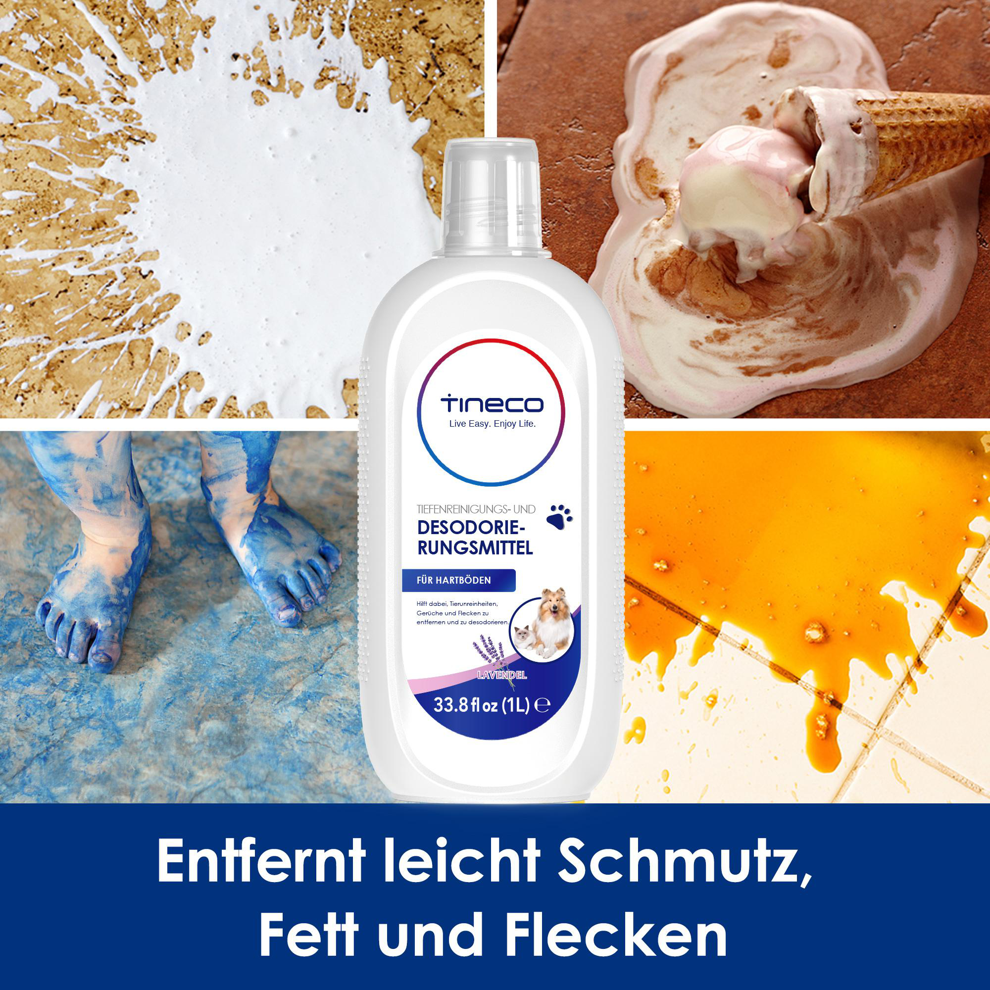 Reinigerflasche neben verschütteten Flüssigkeiten und blau bemalten Füßen.