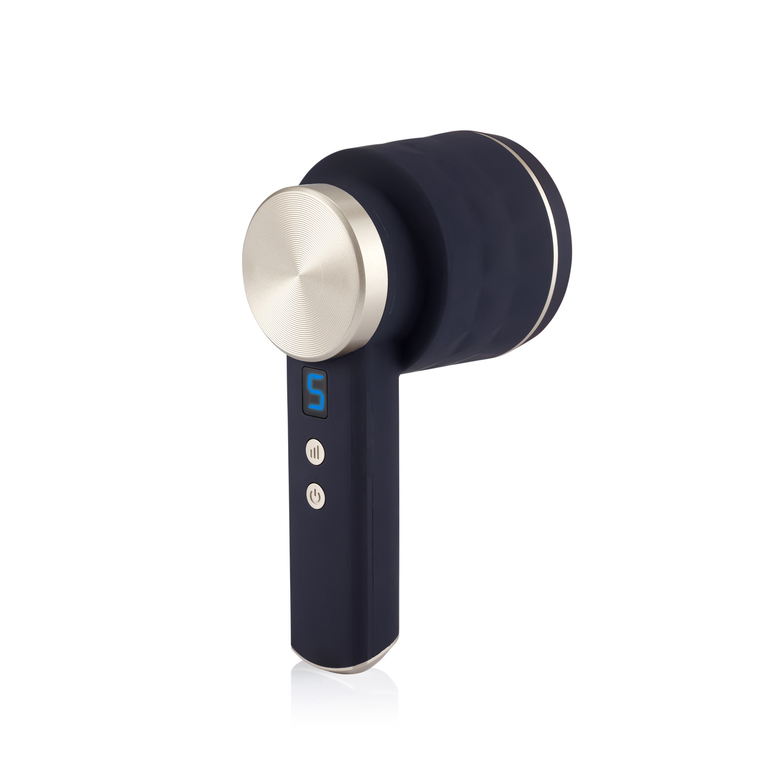 Black and silver handheld massage device with a blue digital display and buttons.