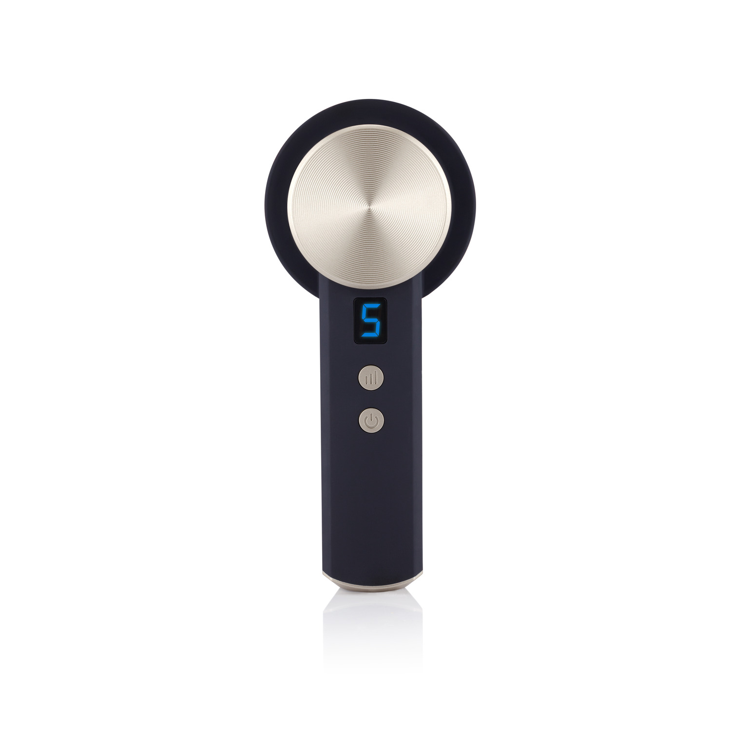 Close up of a massage device. The top is silver and the handle is black.