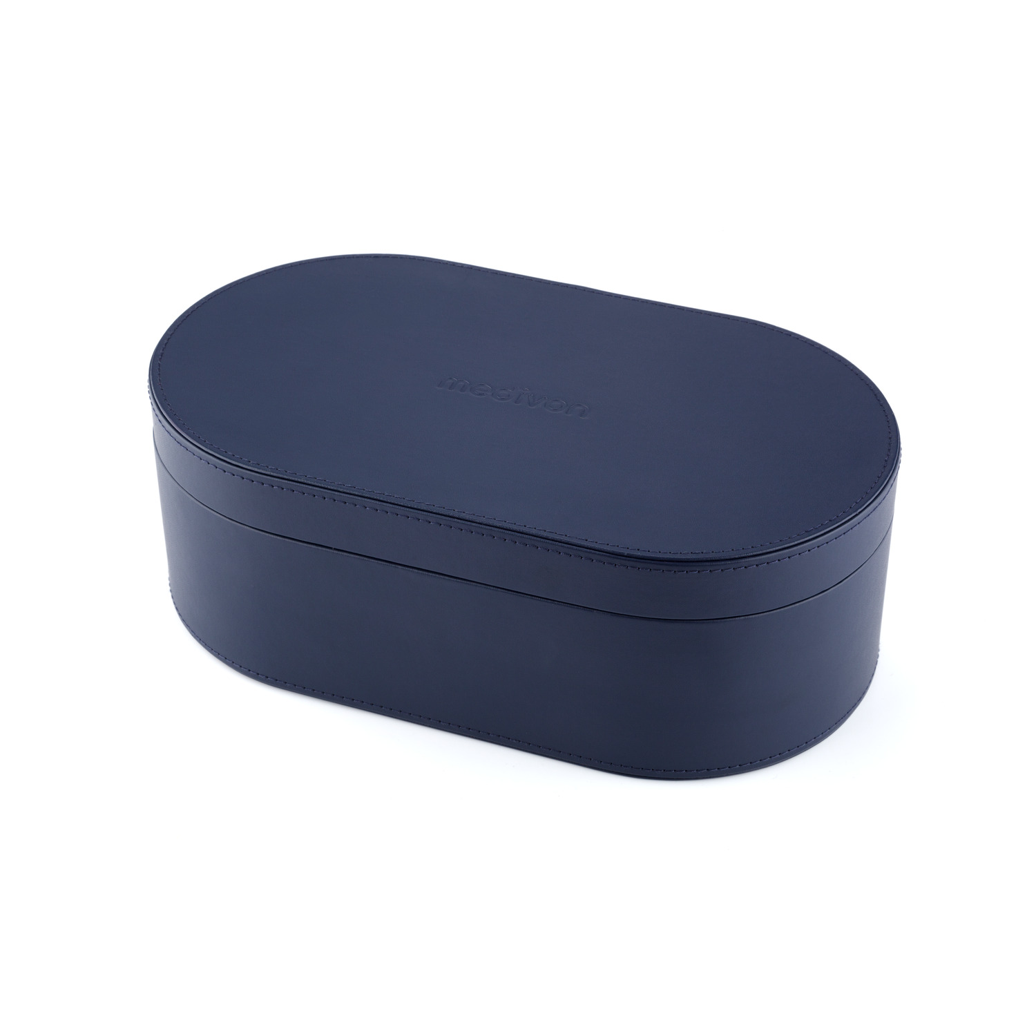 Navy blue massage gun case. The word 'medivon' is written on it.